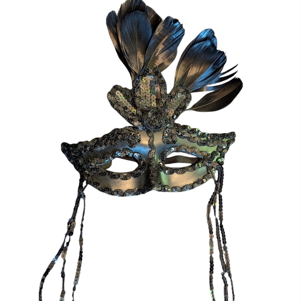 Black Sequin Masquerade Mask‎ with Feathers